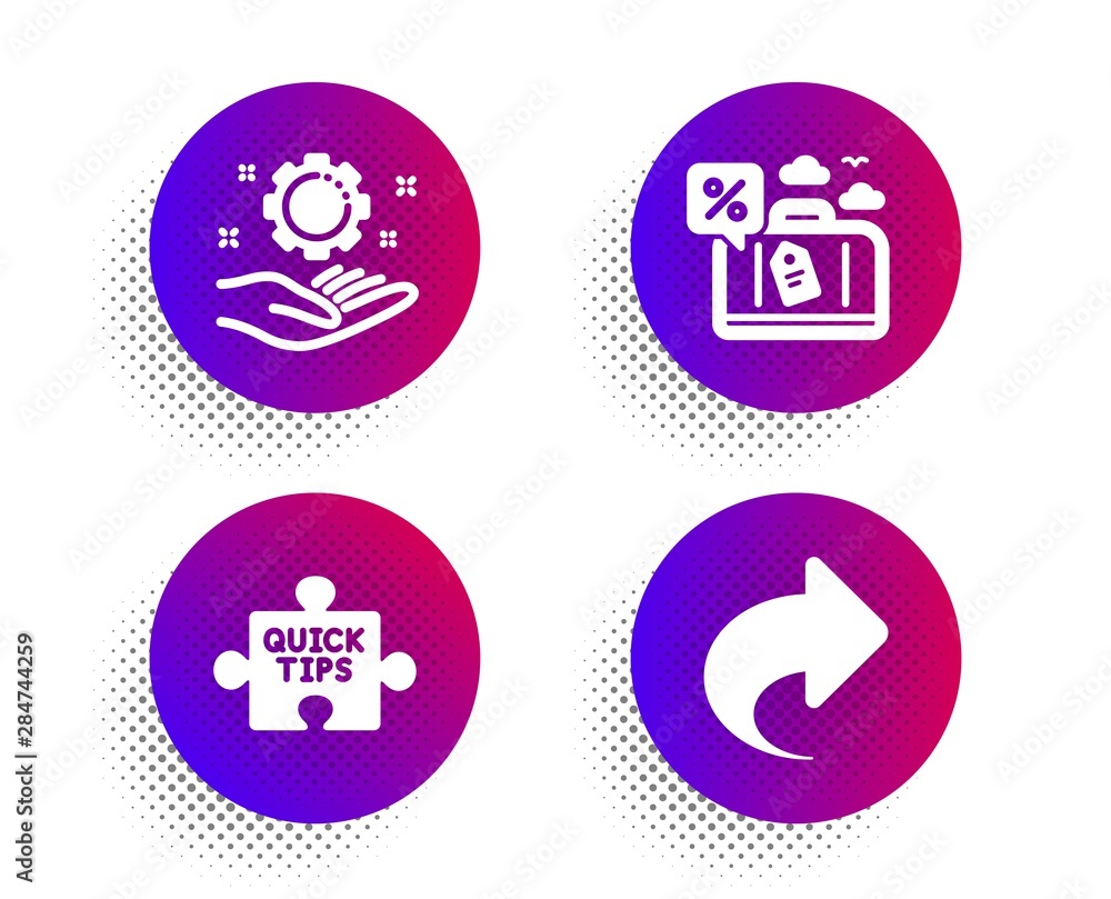 Quick tips, Travel loan and Employee hand icons simple set. Halftone dots button. Share sign. Tutorials, Trip discount, Work gear. Link. Technology set. Classic flat quick tips icon. Vector