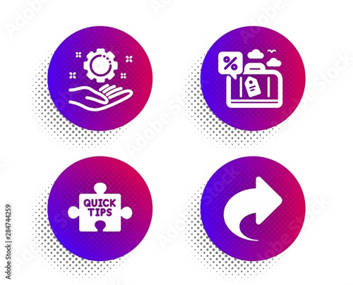 Quick tips, Travel loan and Employee hand icons simple set. Halftone dots button. Share sign. Tutorials, Trip discount, Work gear. Link. Technology set. Classic flat quick tips icon. Vector