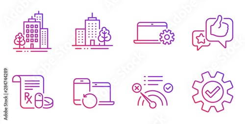 Medical prescription, Notebook service and Like line icons set. Skyscraper buildings, Recovery devices and Buildings signs. No internet, Service symbols. Medicine drugs, Computer repair. Vector