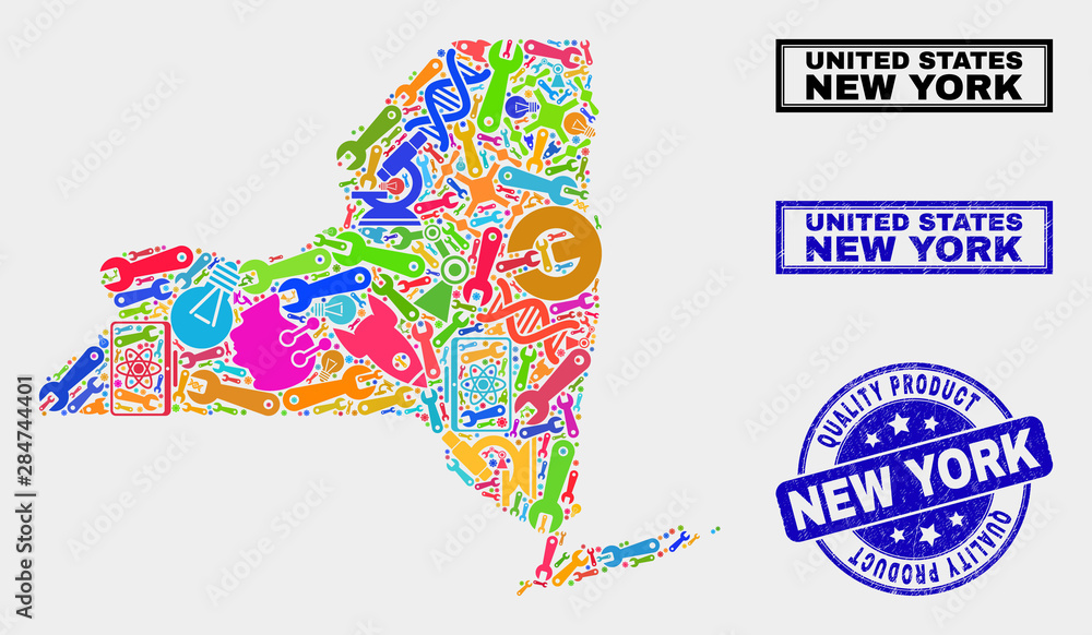 Vector collage of tools New York State map and blue watermark for