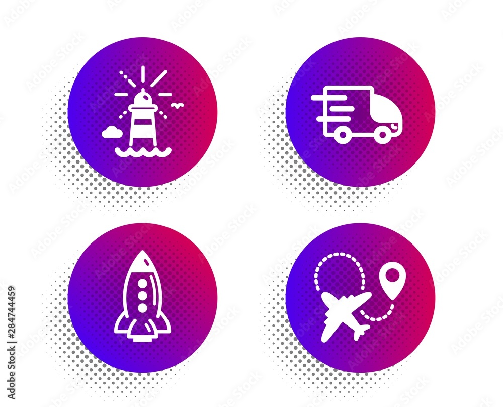 Rocket, Truck delivery and Lighthouse icons simple set. Halftone dots button. Airplane sign. Spaceship, Express service, Navigation beacon. Plane. Transportation set. Classic flat rocket icon. Vector Rocket, Truck delivery and Lighthouse icons simple set. Halftone dots button. Airplane sign. Spaceship, Express service, Navigation beacon. Plane. Transportation set. Classic flat rocket icon. Vector