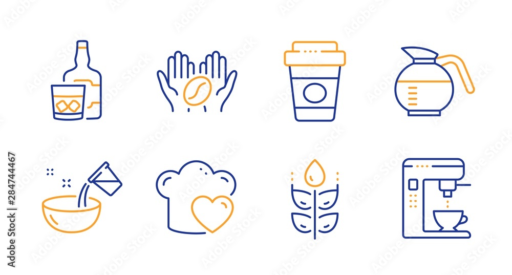 Love cooking, Coffee and Gluten free line icons set. Coffeepot, Takeaway coffee and Whiskey glass signs. Cooking water symbol. Chef hat, Roasted bean. Food and drink set. Vector Love cooking, Coffee and Gluten free line icons set. Coffeepot, Takeaway coffee and Whiskey glass signs. Cooking water symbol. Chef hat, Roasted bean. Food and drink set. Vector