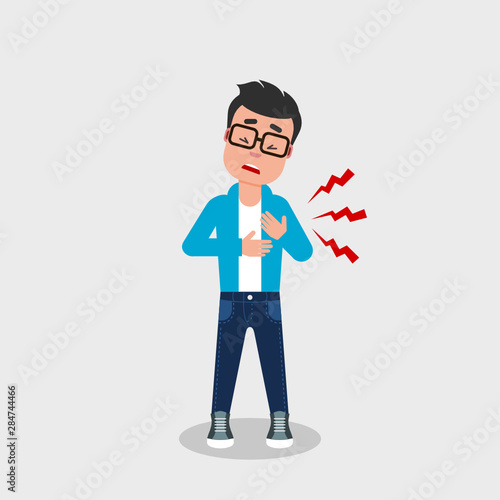 Young man with glasses having heart attack. A character holding his chests with painful facial expression. Cardiovascular disease symptoms. Chest pain, chest ache, discomfort, concept.  Vector, flat.
