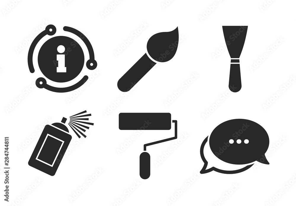 Spray can and Spatula signs. Chat, info sign. Paint roller, brush icons. Wall repair tool and painting symbol. Classic style speech bubble icon. Vector Spray can and Spatula signs. Chat, info sign. Paint roller, brush icons. Wall repair tool and painting symbol. Classic style speech bubble icon. Vector