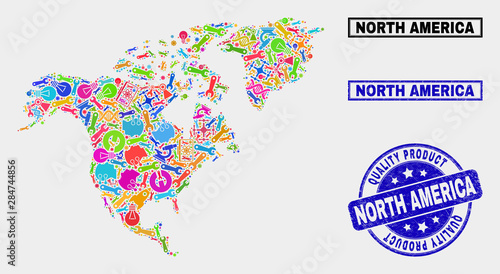 Vector combination of service North America map and blue seal for quality product. North America map collage made with tools, spanners, industry symbols.