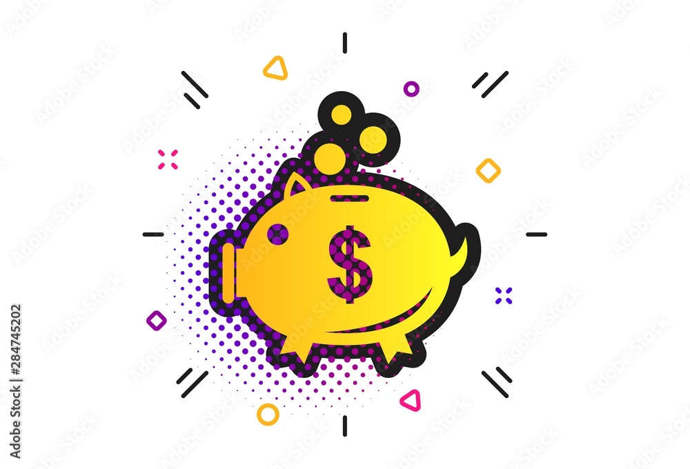 Piggy bank sign icon. Halftone dots pattern. Moneybox dollar symbol. Classic flat piggy bank icon. Vector