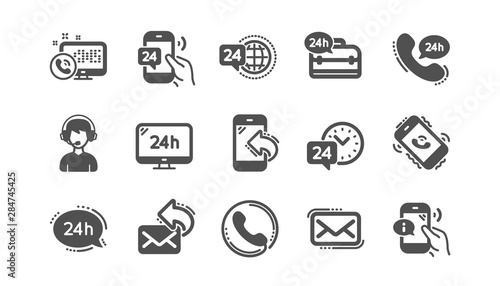 Processing icons. Call center, Support and Chat message. 24 hour service classic icon set Quality set. Vector