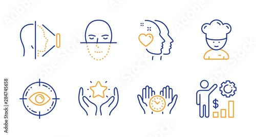 Face id, Cooking chef and Heart line icons set. Ranking, Eye target and Safe time signs. Face recognition, Employees wealth symbols. Phone scanning, Sous-chef. People set. Line face id icon. Vector