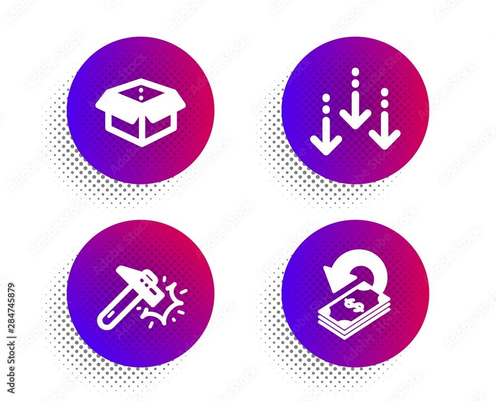 Open box, Scroll down and Hammer blow icons simple set. Halftone dots button. Cashback sign. Delivery package, Swipe screen, Crash tool. Financial transfer. Technology set. Vector Open box, Scroll down and Hammer blow icons simple set. Halftone dots button. Cashback sign. Delivery package, Swipe screen, Crash tool. Financial transfer. Technology set. Vector