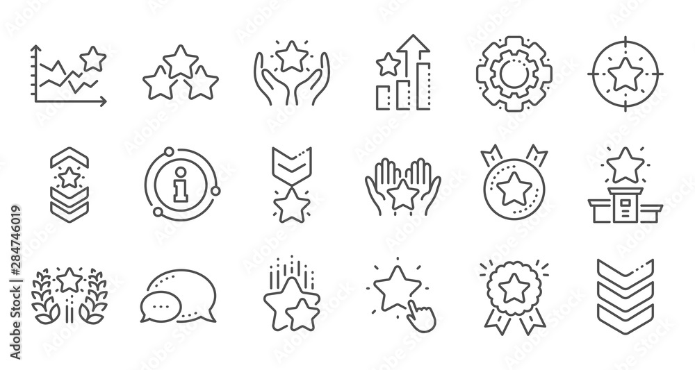 Ranking line icons. First place, star rating and winner medal. Shoulder strap, army achievement and star ranking icons. Linear set. Quality line set. Vector Ranking line icons. First place, star rating and winner medal. Shoulder strap, army achievement and star ranking icons. Linear set. Quality line set. Vector