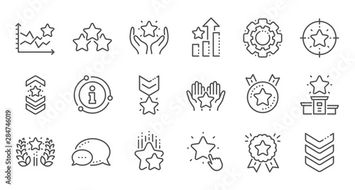 Ranking line icons. First place  star rating and winner medal. Shoulder strap  army achievement and star ranking icons. Linear set. Quality line set. Vector