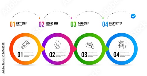Quick tips, E-mail and Chemistry lab line icons set. Timeline infographic. Music phone sign. Helpful tricks, Mail delivery, Laboratory. Radio sound. Education set. Quick tips icon. Vector