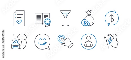 Set of Business icons, such as Approved checklist, Yummy smile, Cash, Touchscreen gesture, Usd exchange, Face cream, Martini glass, Diploma, Avatar, Mindfulness stress line icons. Vector