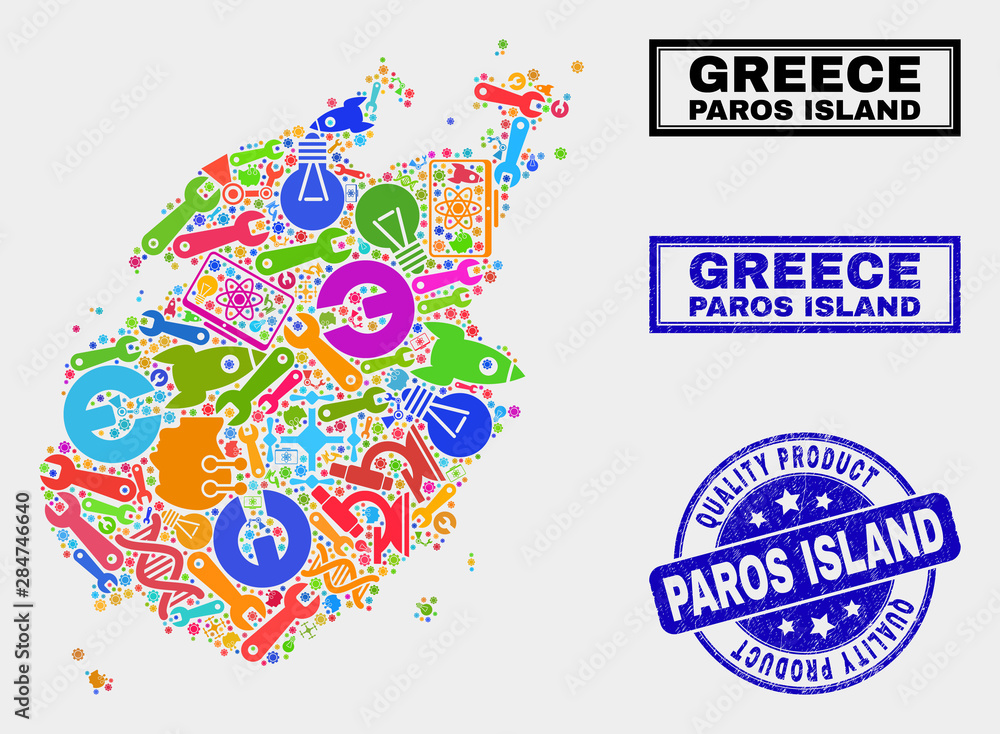 Fototapeta premium Vector collage of tools Paros Island map and blue seal stamp for quality product. Paros Island map collage formed with tools, wrenches, industry symbols.