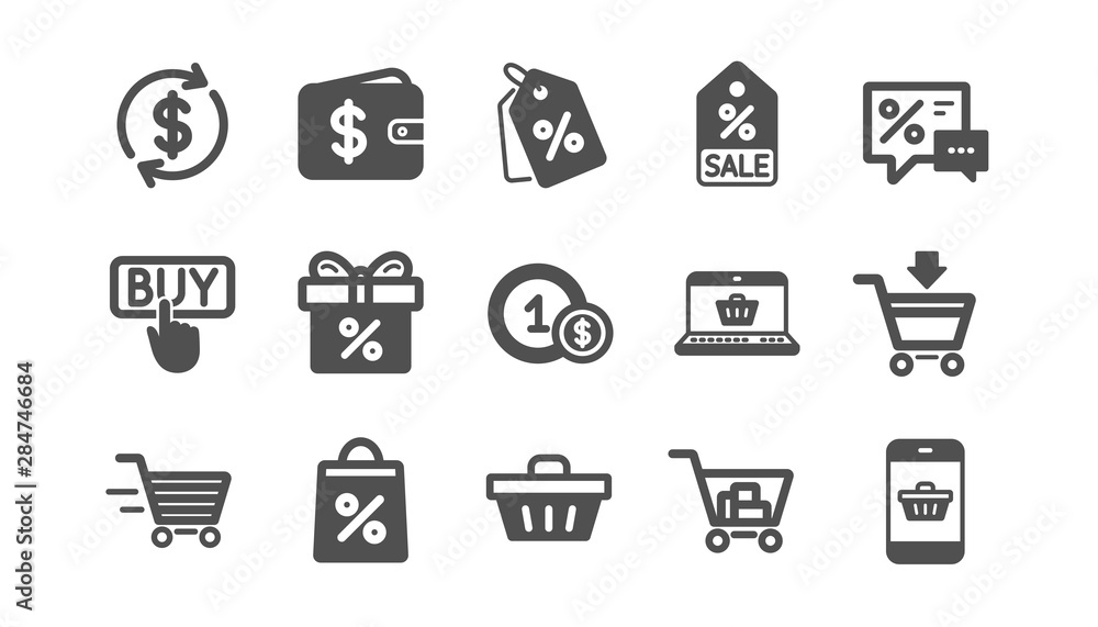 Shopping icons. Gift, Percent sign and Sale discount. Delivery classic icon set. Quality set. Vector