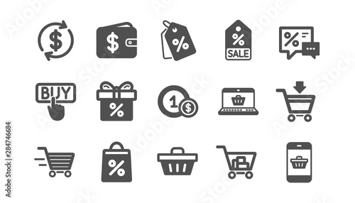 Shopping icons. Gift, Percent sign and Sale discount. Delivery classic icon set. Quality set. Vector