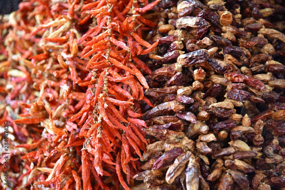 Dried small red peppers on the farmers market in Funchal, Madeira Island.  
