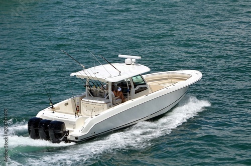 High-end sport fishing boat with enclosed cockpit