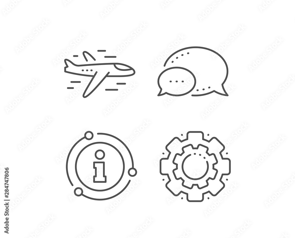 Airplane line icon. Chat bubble, info sign elements. Plane flight transport sign. Aircraft symbol. Linear airplane outline icon. Information bubble. Vector Airplane line icon. Chat bubble, info sign elements. Plane flight transport sign. Aircraft symbol. Linear airplane outline icon. Information bubble. Vector