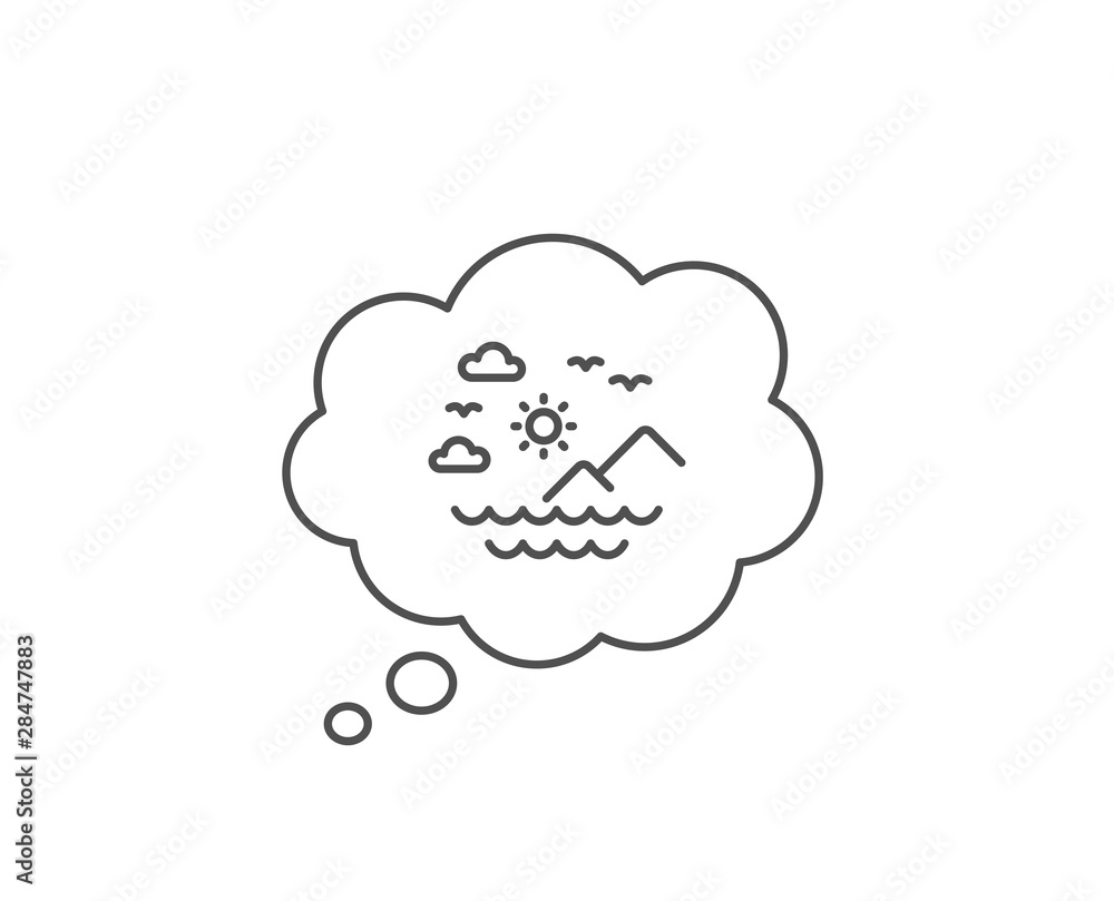 Travel sea mountains line icon. Chat bubble design. Sun, clouds and waves sign. Summer holidays symbol. Outline concept. Thin line sea mountains icon. Vector Travel sea mountains line icon. Chat bubble design. Sun, clouds and waves sign. Summer holidays symbol. Outline concept. Thin line sea mountains icon. Vector