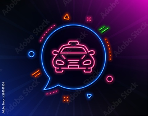 Taxi cab transport line icon. Neon laser lights. Car vehicle sign. Taxicab driving symbol. Glow laser speech bubble. Neon lights chat bubble. Banner badge with taxi icon. Vector