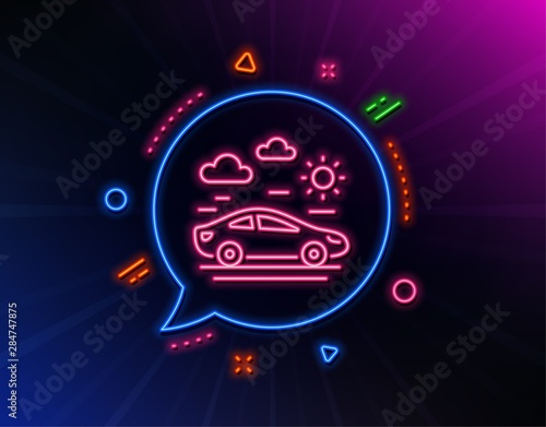Car travel line icon. Neon laser lights. Trip transport sign. Holidays vehicle symbol. Glow laser speech bubble. Neon lights chat bubble. Banner badge with car travel icon. Vector