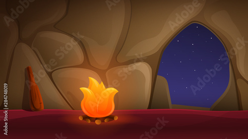 cartoon ancient cave with bonfire, vector illustration