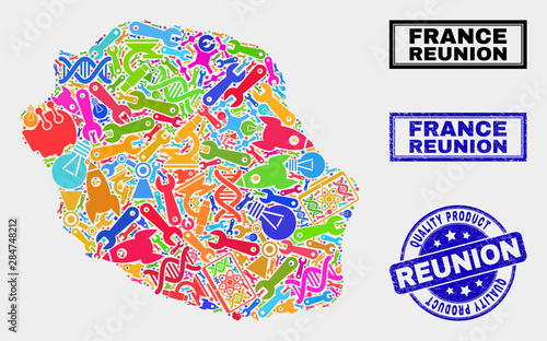 Vector collage of industrial Reunion Island map and blue watermark for quality product. Reunion Island map collage created with equipment, spanners, production icons.