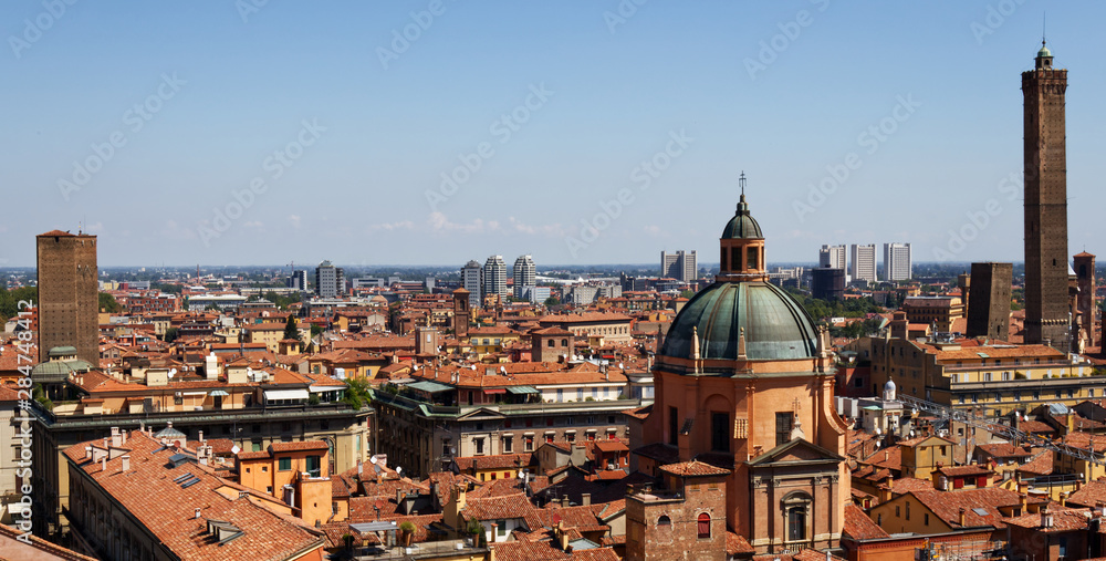 Panoramic view of the old medieval town center of Bologna. Cityscape from the panoramic terrace of San Petronio. Bologna, Emilia-Romagna, Italy.