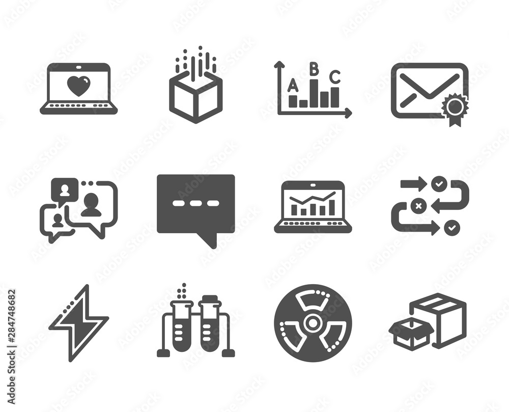 Set of Technology icons, such as Support chat, Web love, Verified mail, Survey progress, Augmented reality, Energy, Chemical hazard, Blog, Packing boxes, Web analytics, Survey results. Vector Set of Technology icons, such as Support chat, Web love, Verified mail, Survey progress, Augmented reality, Energy, Chemical hazard, Blog, Packing boxes, Web analytics, Survey results. Vector