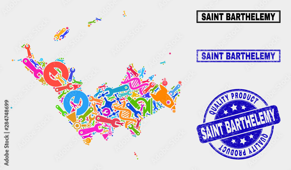 Vector collage of service Saint Barthelemy map and blue seal for quality product. Saint Barthelemy map collage constructed with tools, spanners, production symbols. Vector collage of service Saint Barthelemy map and blue seal for quality product. Saint Barthelemy map collage constructed with tools, spanners, production symbols.