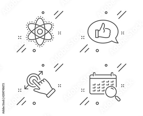 Chemistry atom, Touchscreen gesture and Feedback line icons set. Search calendar sign. Laboratory molecule, Drag drop, Speech bubble. Find date. Technology set. Vector