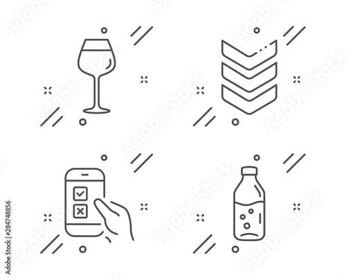 Bordeaux glass, Mobile survey and Shoulder strap line icons set. Water bottle sign. Wine glass, Phone quiz test, Army rank. Soda drink. Business set. Line bordeaux glass outline icon. Vector