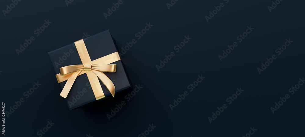 Black gift box with golden bow on black background 3D Rendering - obrazy, fototapety, plakaty 