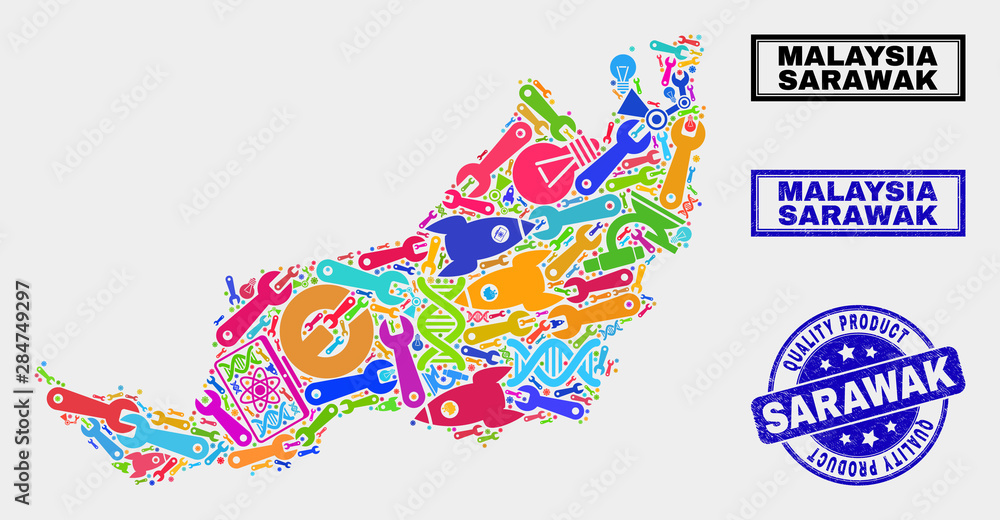 Vector collage of service Sarawak State map and blue seal for quality product. Sarawak State map collage created with equipment, spanners, production symbols.