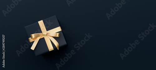 Black gift box with golden bow on black background 3D Rendering
