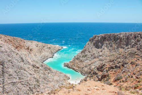 Seitan limania beach on Crete, Greece. Travel tourism wide panorama background concept. Beautiful beach with turquoise water natural landscape of Seitan Limania.