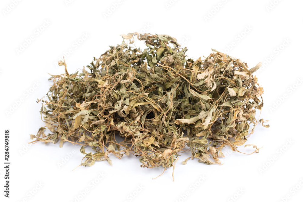 Dried Stevia rebaudiana leaves isolated on white background Dried Stevia rebaudiana leaves isolated on white background