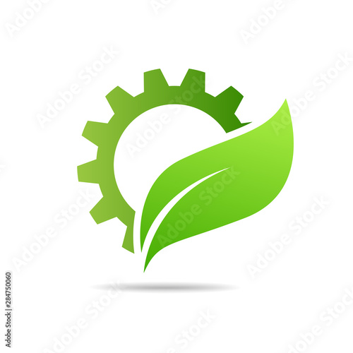 gear and leaf logo combination. Mechanic and eco symbol or icon