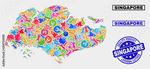 Vector collage of service Singapore map and blue watermark for quality product. Singapore map collage designed with equipment, spanners, production icons.