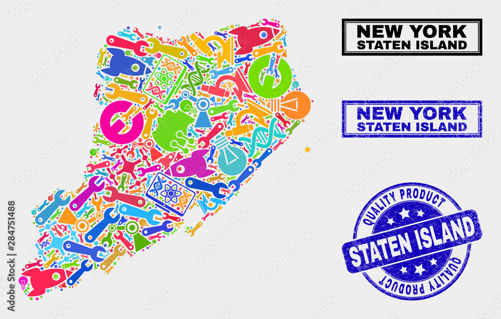 Vector combination of service Staten Island map and blue seal stamp for quality product. Staten Island map collage constructed with tools, wrenches, science symbols.