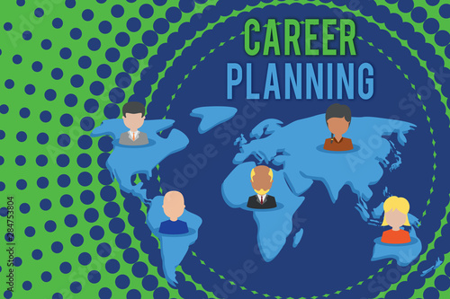 Word writing text Career Planning. Business photo showcasing Strategically plan your career goals and work success Connection multiethnic persons all over world. Global business earth map