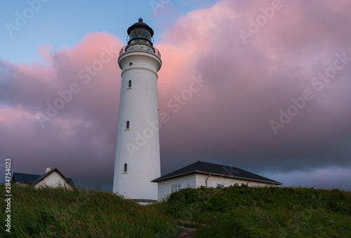 Historical Hirtshals lighthouse on the coast of Skagerrak at sunset  Denmark Danmark . July 2019