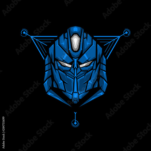 robot head gaming mascot or twitch profile. robot head e sports logo design for badge or apparel and t shirt. modern and futuristic robot with sacred geometry vector illustration