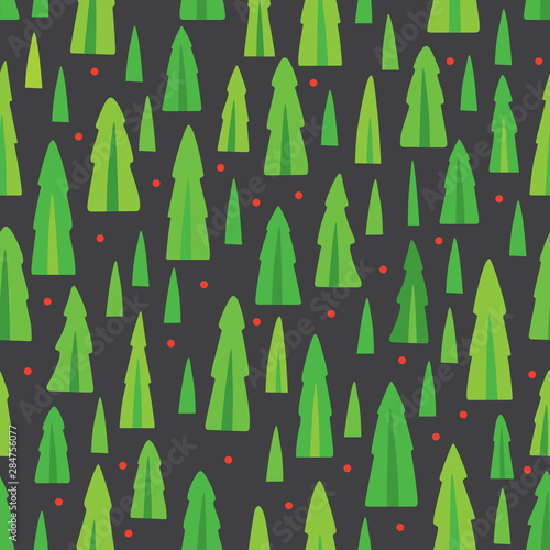 Green Christmas trees seamless pattern on dark background. Vector full color graphics