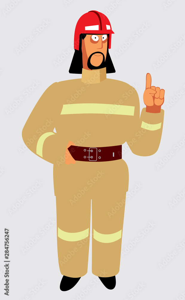 Cheerful fireman in a helmet explains. Vector full color graphics