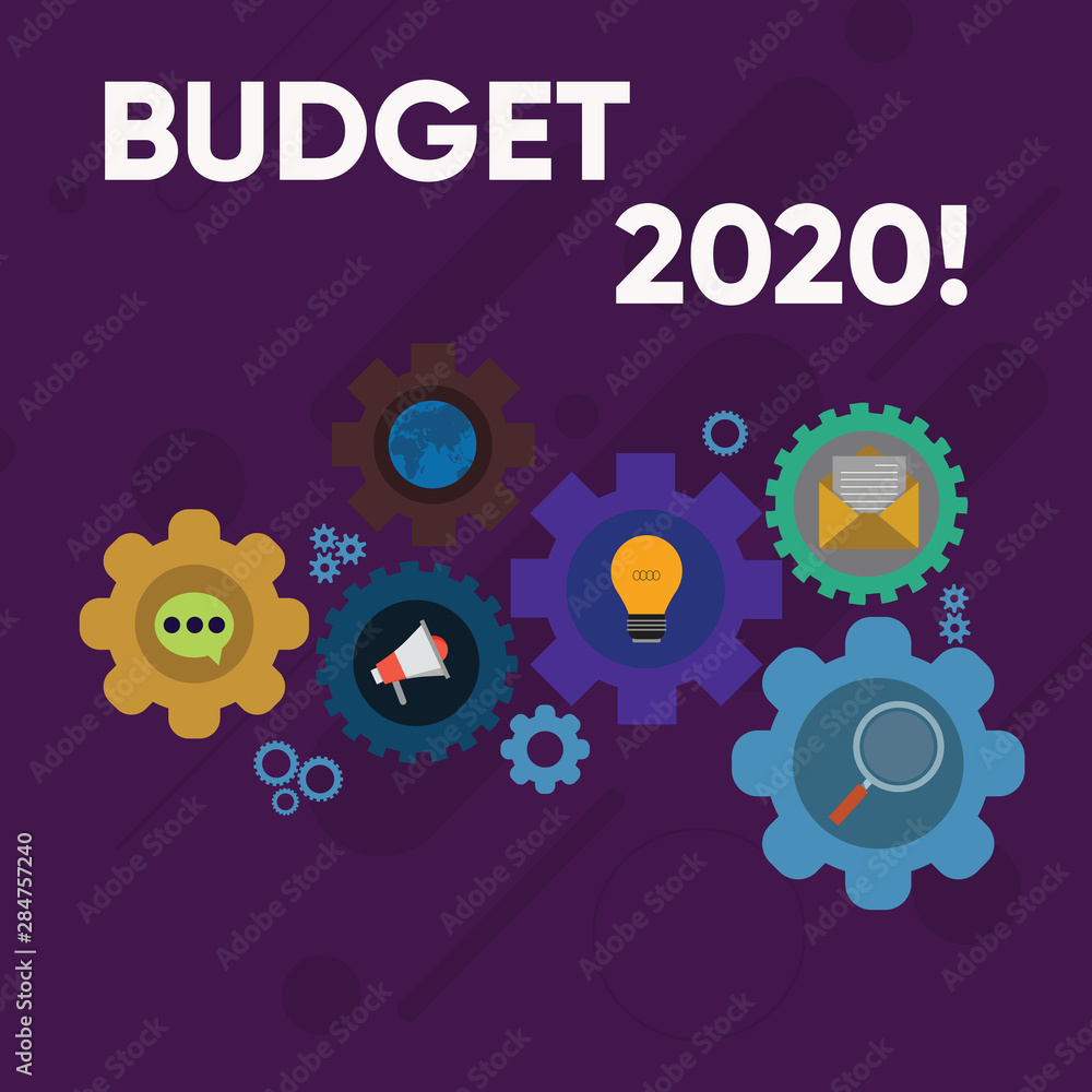 Handwriting text writing Budget 2020. Conceptual photo estimate of income and expenditure for next or current year Set of Global Online Social Networking Icons Inside Colorful Cog Wheel Gear