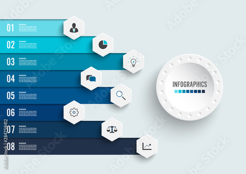 Infographic design vector and marketing icons can be used for workflow layout, diagram, annual report, web design. Business concept with 8 options, steps or processes.