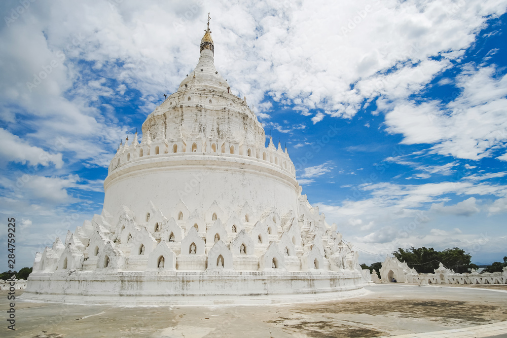 Beautiful Hsinbyume Pagoda (Mya Thein Dan) or called Taj Mahal of Irrawaddy river, is a large white pagoda built in 1816, located in Mingun, Sagaing region near Mandalay, Myanmar. landmark and popular Beautiful Hsinbyume Pagoda (Mya Thein Dan) or called Taj Mahal of Irrawaddy river, is a large white pagoda built in 1816, located in Mingun, Sagaing region near Mandalay, Myanmar. landmark and popular
