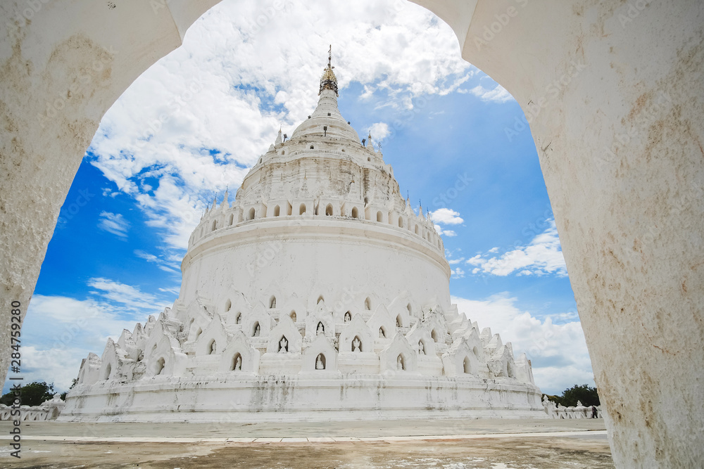Beautiful Hsinbyume Pagoda (Mya Thein Dan) or called Taj Mahal of Irrawaddy river, is a large white pagoda built in 1816, located in Mingun, Sagaing region near Mandalay, Myanmar. landmark and popular Beautiful Hsinbyume Pagoda (Mya Thein Dan) or called Taj Mahal of Irrawaddy river, is a large white pagoda built in 1816, located in Mingun, Sagaing region near Mandalay, Myanmar. landmark and popular
